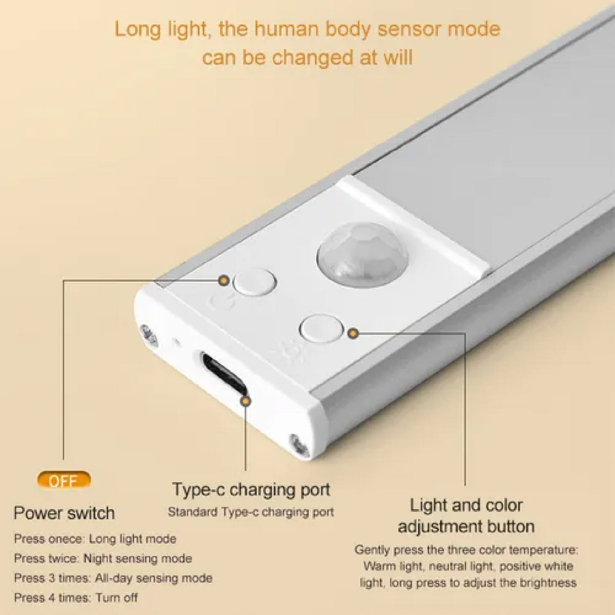 LAMPARA LUZ LED BARRA CON SENSOR 60 CM